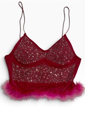 Y2K Rhinestone Bustier Crop Top Feather Trim Hot Pink NWT L